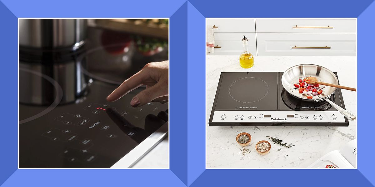 induction burner buttons being used, and a countertop induction burner with a pan on it