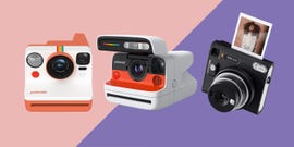 a composite image of three instant cameras on a colourful background
