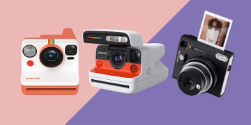 a composite image of three instant cameras on a colourful background