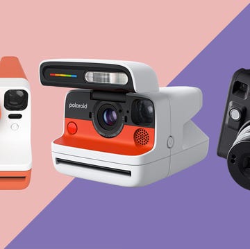 Best instant cameras UK a composite image of three instant cameras on a colourful background