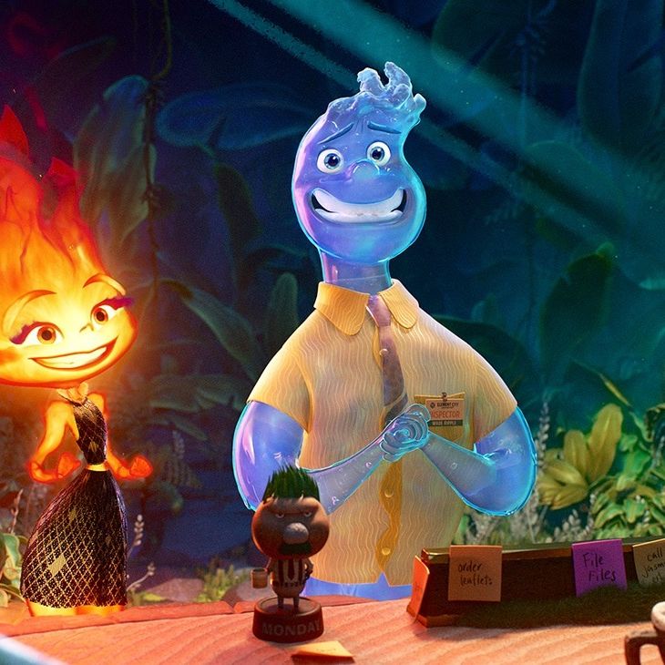 a flame and a water droplet share a moment in a scene from elemental, a good housekeeping pick for best kids movies 2023