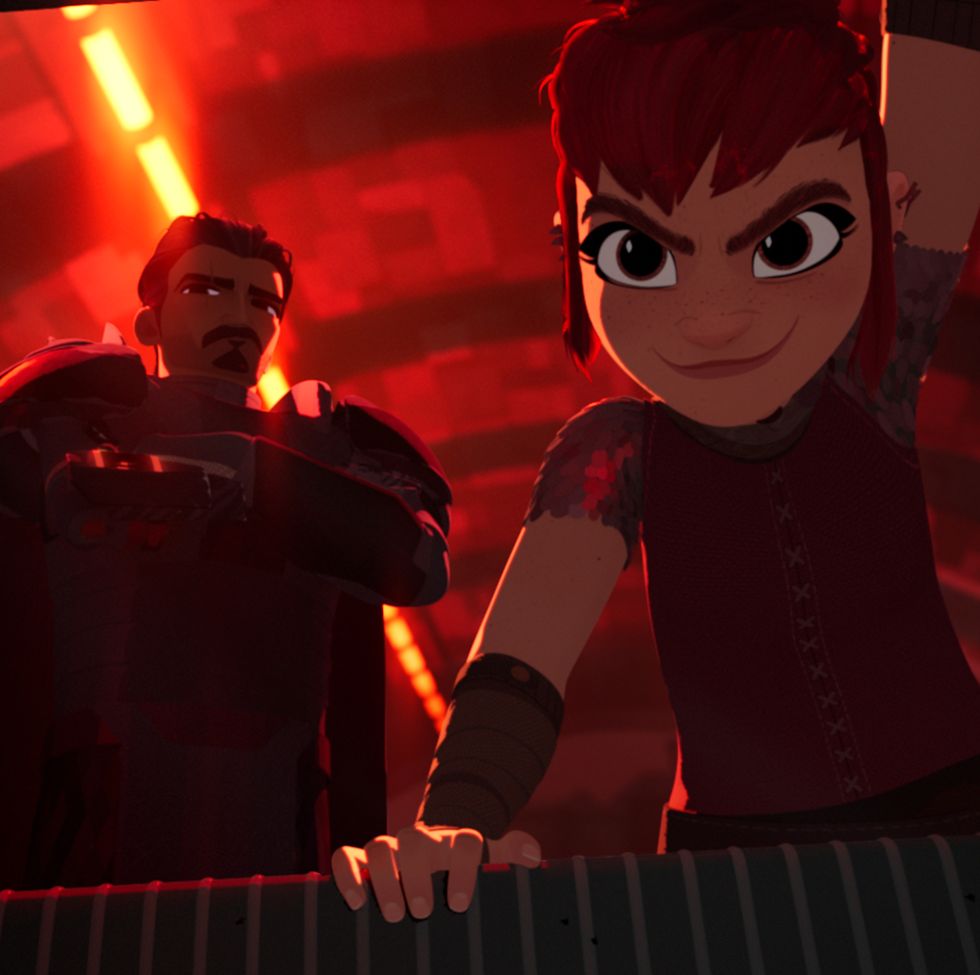 a knight and nimona look serious in a scene from nimona, a good housekeeping pick for best kids movies 2023