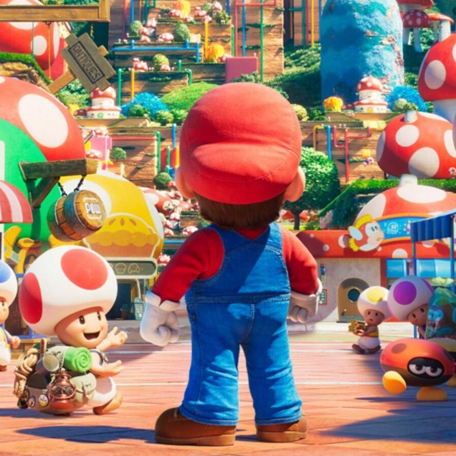super mario and toad survey the land in a scene from the super mario bros movie, a good housekeeping pick for best kids movies 2023