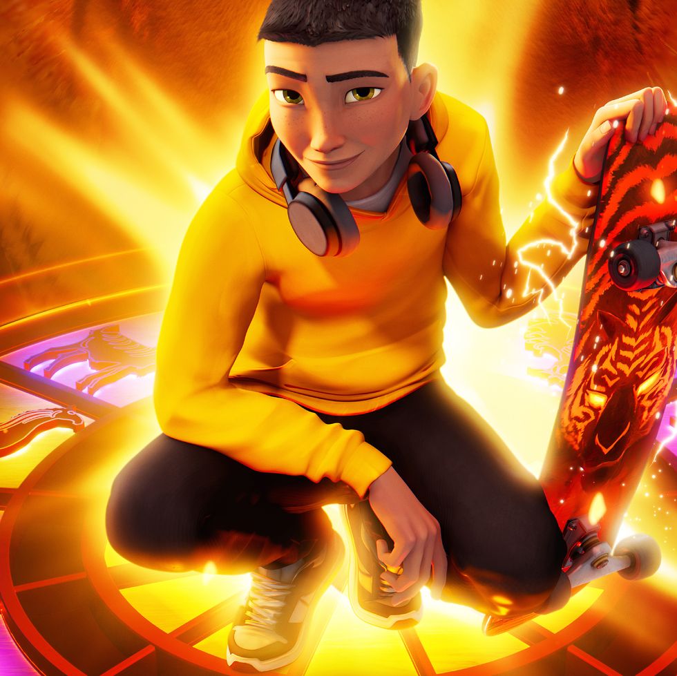 a kid holds a glowing skateboard and stands on lunar zodiac symbols in a promotional image for the tiger's apprentice
