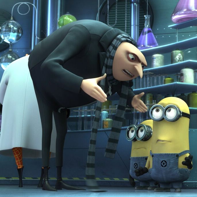 gru bends over to berate some minions in a scene from despicable me