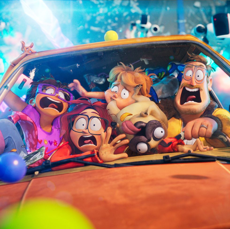 the mitchell family looks scared as its car goes off the road in a scene from the mitchells vs the machines the movie is a good housekeeping pick for best kids movies on netflix