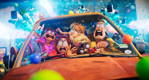 the mitchell family looks scared as its car goes off the road in a scene from the mitchells vs the machines the movie is a good housekeeping pick for best kids movies on netflix