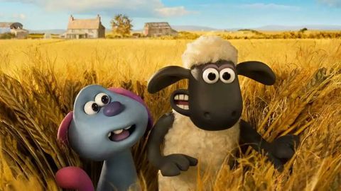 shaun hides in a wheat field with an alien in a scene from shaun the sheep farmageddon the movie is a good housekeeping pick for best kids movies on netflix