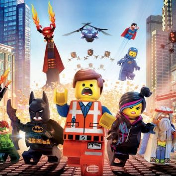 lego characters run in a panic in the poster for the lego movie
