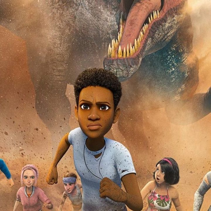 a group of kids outrun a dinosaur with sand and dirt flying everywhere in a scene from a jurassic world camp cretaceous, a good housekeeping pick for best kids tv shows