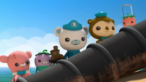 captain barnacles looks out across the beach with his crew in a scene from octonauts above and beyond the show is a good housekeeping pick for best kids tv shows