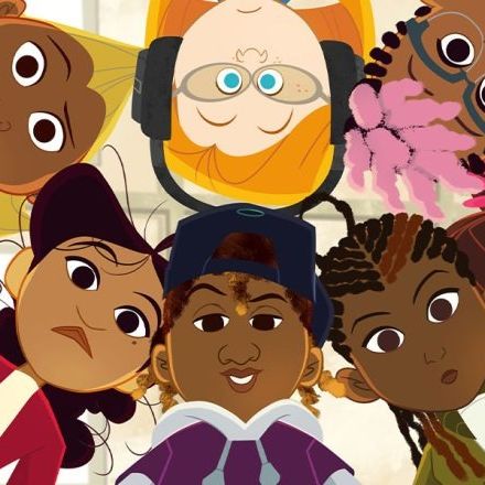 a family circles around, looking down at something interesting, in a scene from the proud family louder and prouder the show is a good housekeeping pick for best kids tv shows