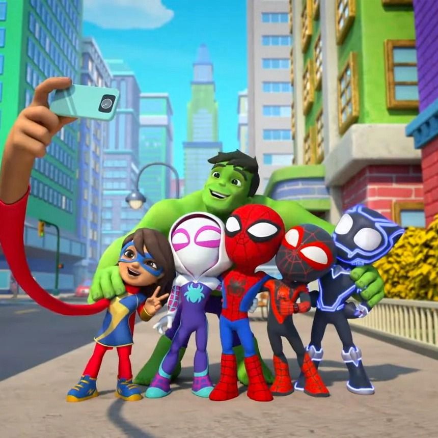 spidey and his superhero pals pose for a selfie in a scene from spidey and his amazing friends the show is a good housekeeping pick for best kids tv shows