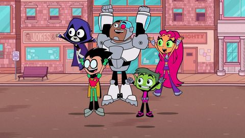 the teen titans celebrate a victory in a scene from teen titans go the show is a good housekeeping pick for best kids tv shows