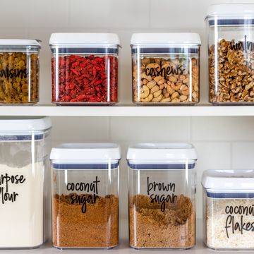neatly organized and labeled baking ingredients in bpa free plastic storage containers