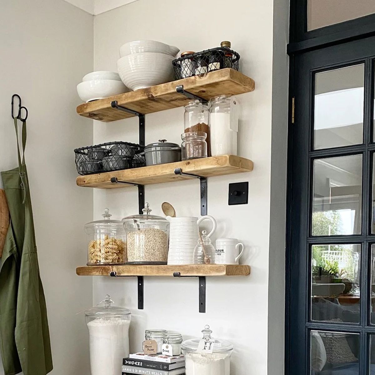 Kitchen Shelf Unit With Hooks  Wooden Black Metal Floating