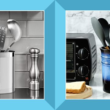 stainless steel and blue ceramic kitchen utensil holders