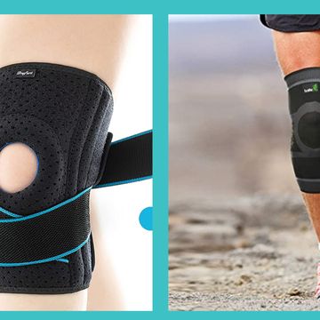 best knee brace two photos side by side of people wearing knee braces, surrounded by a blue border