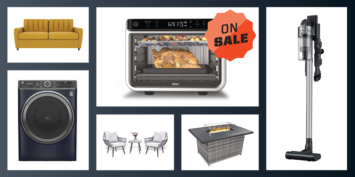labor day sales on home items such as vacuums, outdoor chair and table sets, couches, wicker propane gas fire pits, and countertop convection ovens