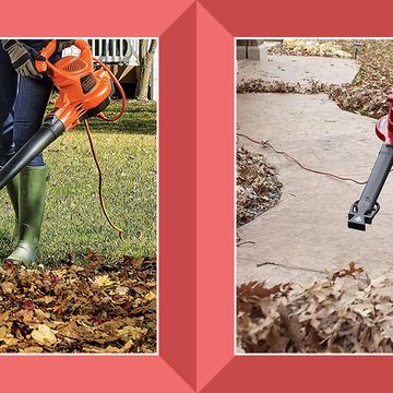 two pictures of people using leaf blowers