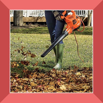 two pictures of people using leaf blowers