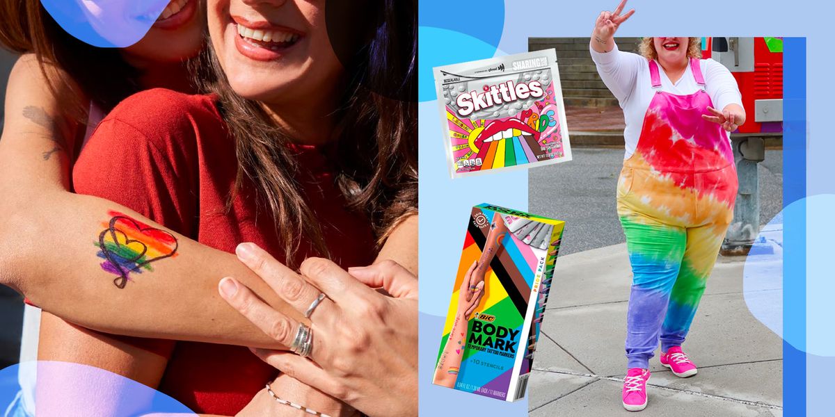 bic bodywork temporary tattoo markers for skin, swoveralls rainbow stripe tie dye, skittles limited edition pride pack