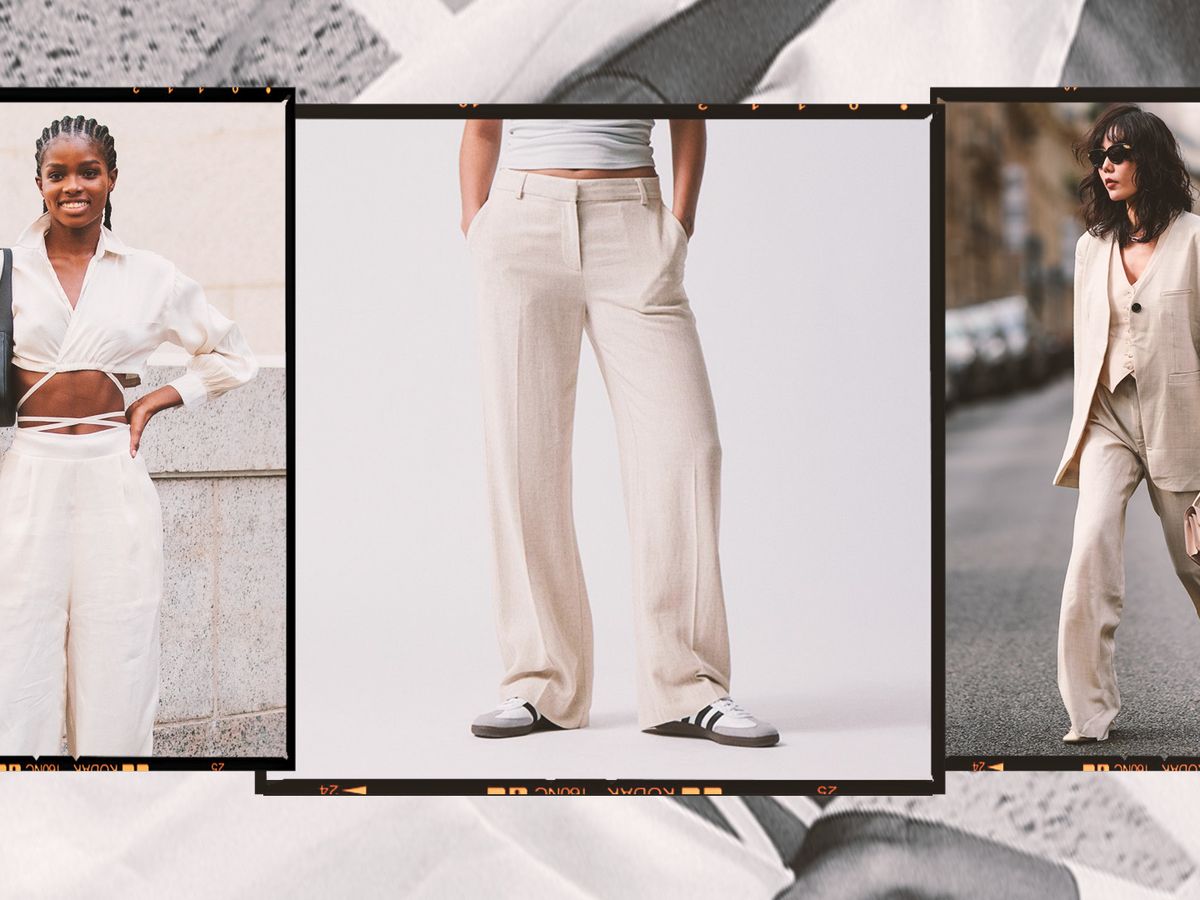 Cream Linen-blend Drawstring Wide Leg Trousers