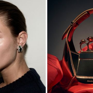 a composite of an alexander mcqueen bag and a model wearing dorsey jewelry in a guide to the best luxury gifts for women 2024