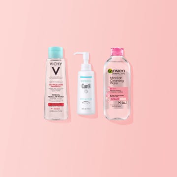 vichy curel and garnier makeup removers on pink background