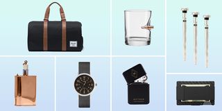 duffel bag, rocks glass, corkcicle chiller sticks, wallet, lighter, watch, copper flask