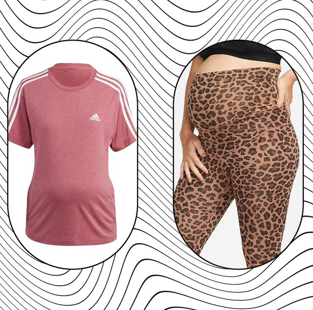 three great options for gym clothes for pregnancy including a black jacket from myprotein a pink adidas maternity t shirt and some fun leopard leggings with a pouch for your bump