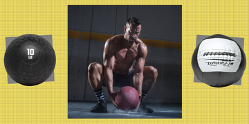 design displaying a person performing a squat while holding a large red medicine ball flanked by two types of weighted balls