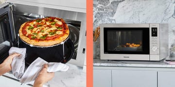 taking pizza out of microwave, heating up potatoes in panasonic microwave