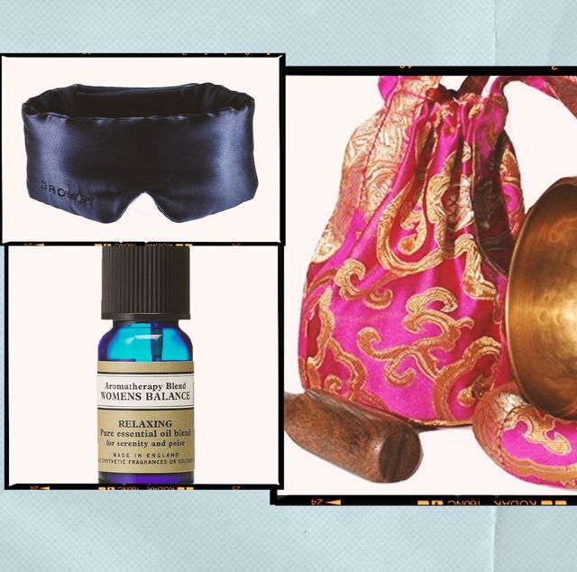 a mix of mindful gift ideas including a yoga brick essential oils a candle a sound bowl and a silk eye mask