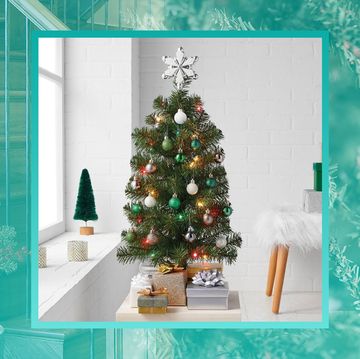 a mini christmas tree placed on a tabe with a collage of a mini christmas tree and pine tree branches behind it
