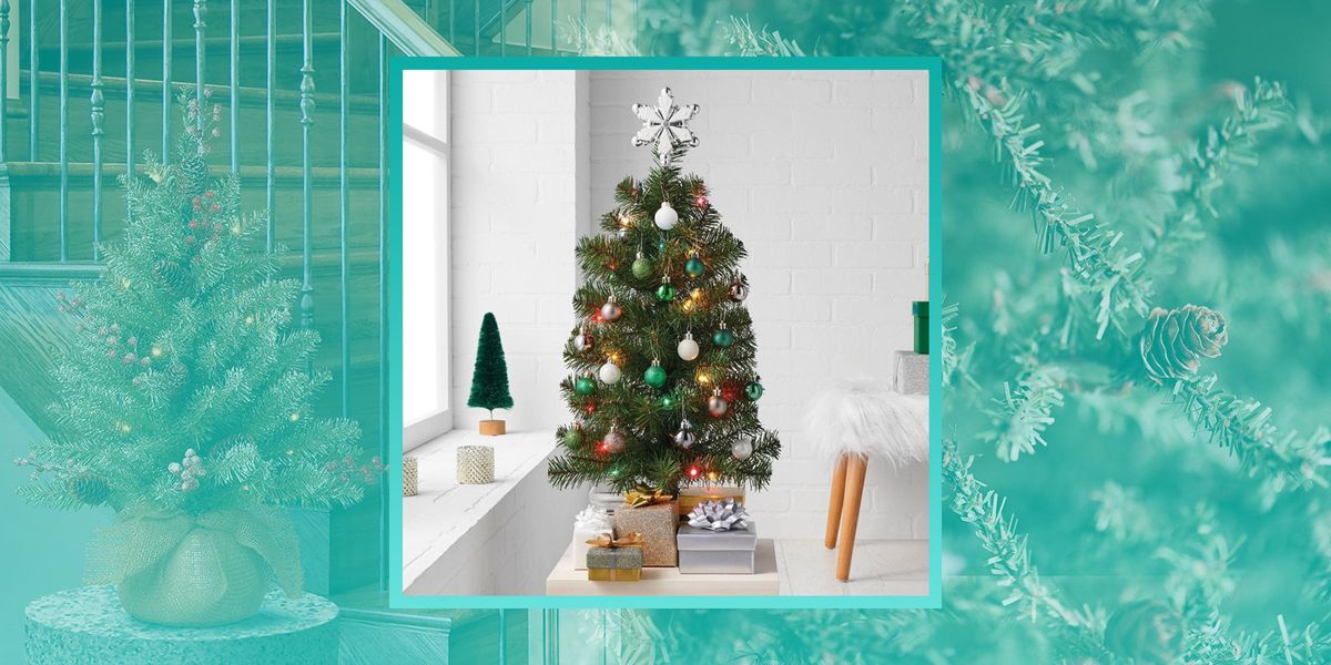 a mini christmas tree placed on a tabe with a collage of a mini christmas tree and pine tree branches behind it