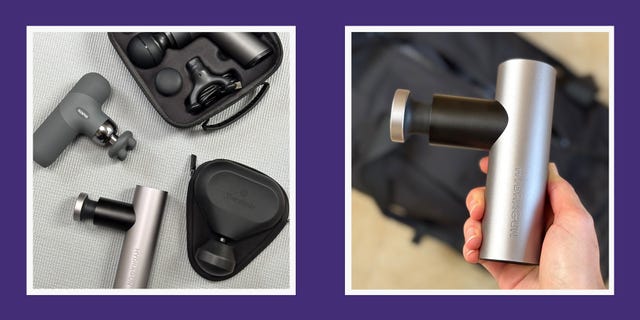 four mini massage guns on a mat on the left and a hand holding a massage gun on the right