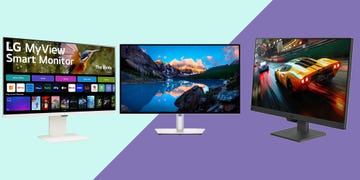 three computer monitors displaying various content