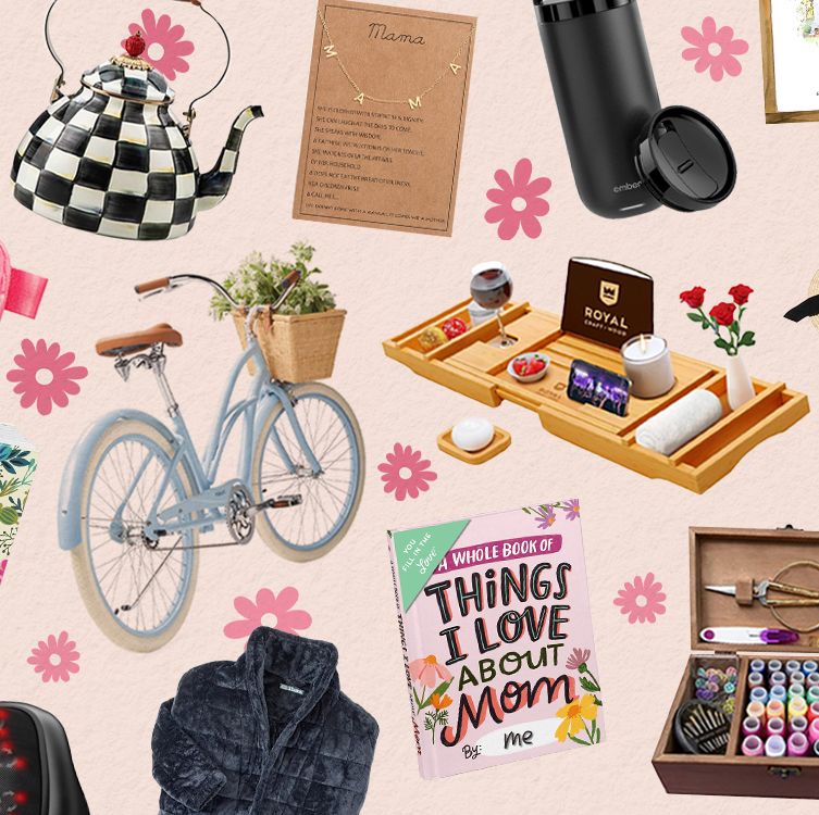 ipad, tea kettle, fanny pack, mama necklace, ember tumbler, things i love about mom book, irish gin, eye massager with heat, le creuset enameled cast iron heart, indoor herb garden kit, beach cruiser bike, sewing kit box, whatever bag, family house portrait, q and a book, foot massager