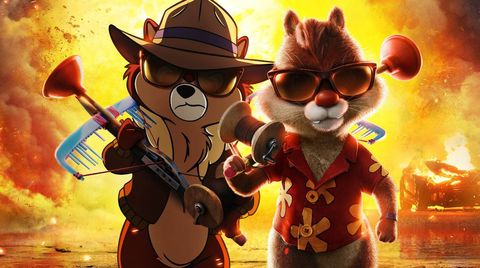 chip and dale walk away from an explosion in a scene from chip and dale's rescue rangers the movie is a good housekeeping pick for best kids movies 2022