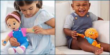 two ms rachel themed dolls being held by two different kids