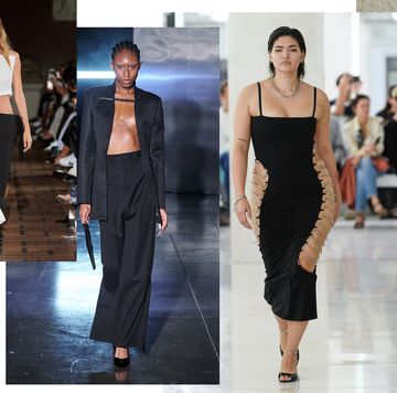 a collage of five models walking runways at fashion month in a guide to the best new designers to know 2023