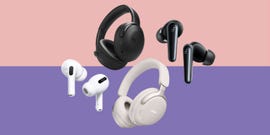 different styles of wireless headphones and earbuds positioned on a twotone background