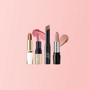 nude colored lipsticks on pink background