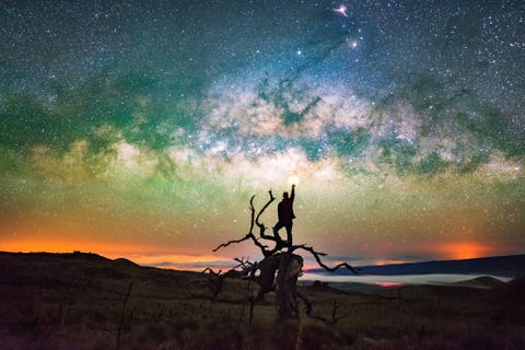 Onder de sterrenhemel boven de Mauna Kea op Hawa staat een man op een omgevallen boom