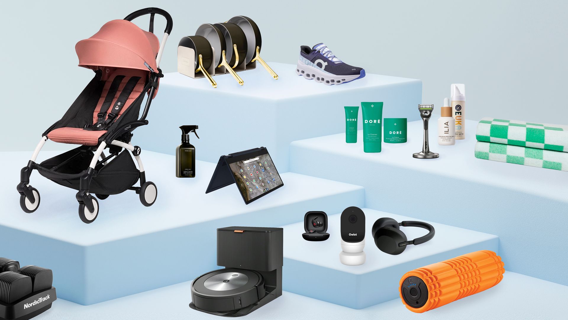 stroller, spray, pans, running shoes, beauty products, checkered towels, foam roller, robot vacuum, baby monitor, headphones, laptop, adjustable dumbbells