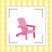 a pink kids adirondack chair and an adult teal sized adirondack chair with yellow gingham border