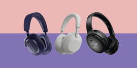 a composite image of three pairs of over ear headphones on a two tone pink and purple coloured background