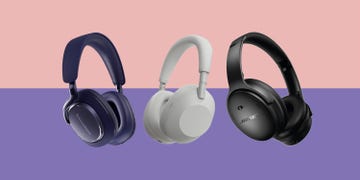 a composite image of three pairs of over ear headphones on a two tone pink and purple coloured background