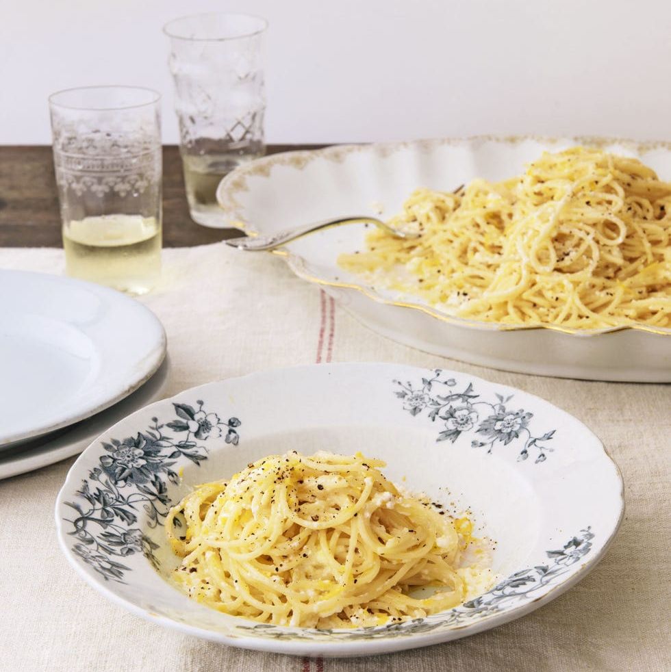 spaghettini with lemon and ricotta in a bowl and in a serving platter